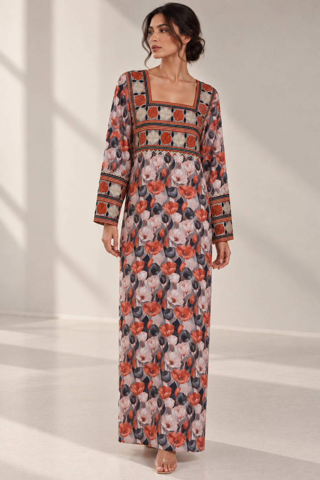 Autumn Tulip — Floral long-sleeve dress with square neckline and patterned bodice, front view.