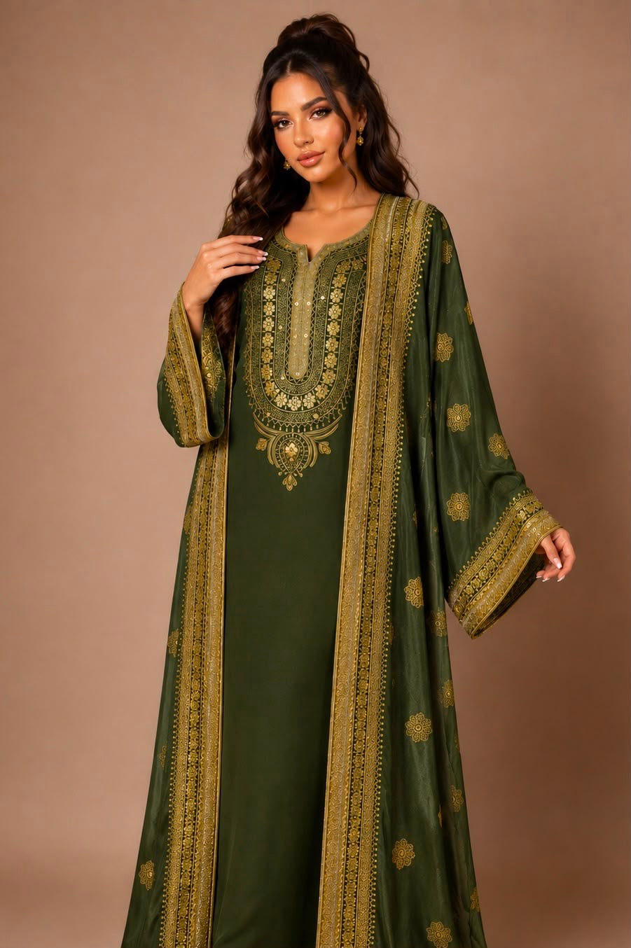 Bahraini Occasional Wear — Green full-length outfit with gold-tone decorative borders, front view.