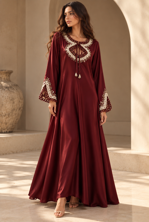 Burgundy silk Mkhawar jalabeya with hand-beaded neckline and cuffs, long flared sleeves and a full-length silhouette.