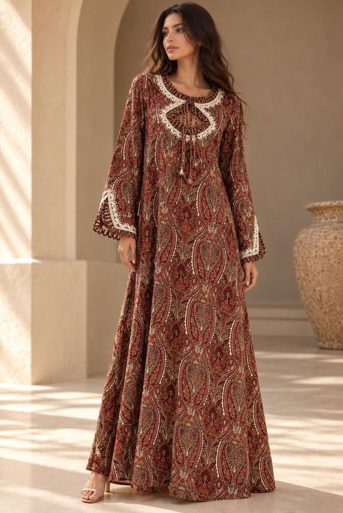 Burgundy paisley cotton Mkhawar jalabeya with hand-beaded detailing, long flared sleeves and an embellished keyhole neckline.