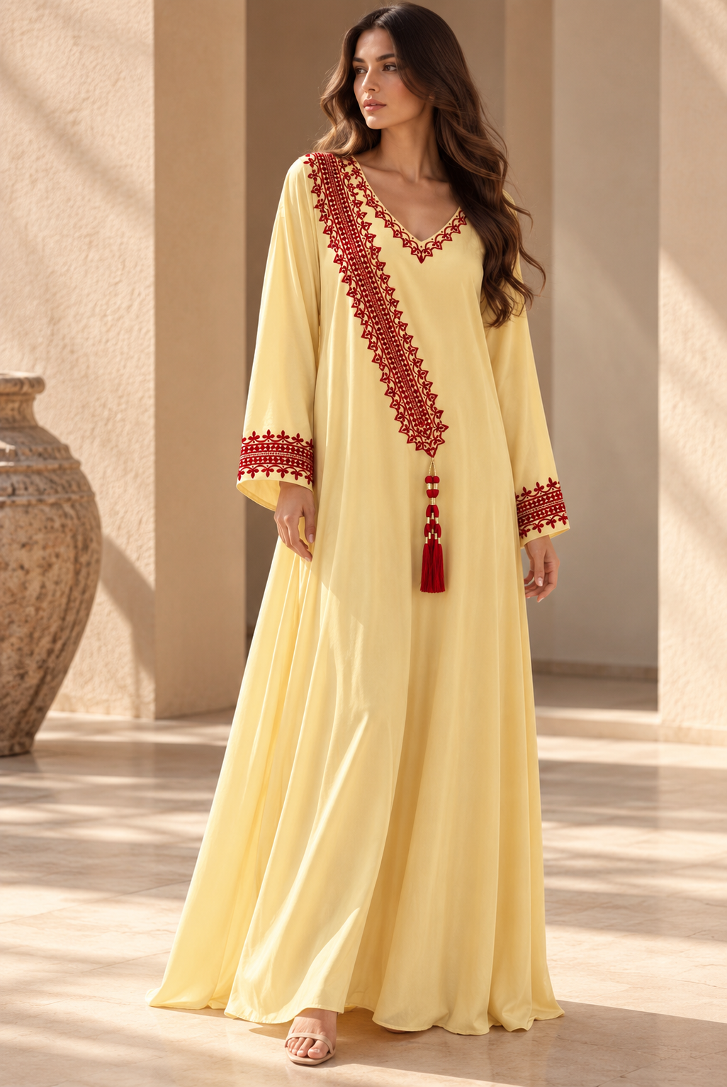 Butter-yellow full-length linen-blend dress with red hand embroidery at the V-neck, diagonal front panel and cuffs, and a red tassel.