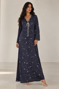 Everyday Edit — Navy long-sleeve dress with small scattered motifs and tie neckline.