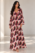 Everyday Edit — Coral, Black & Ivory Floral silk jalabeya with wavy sleeves and piping.