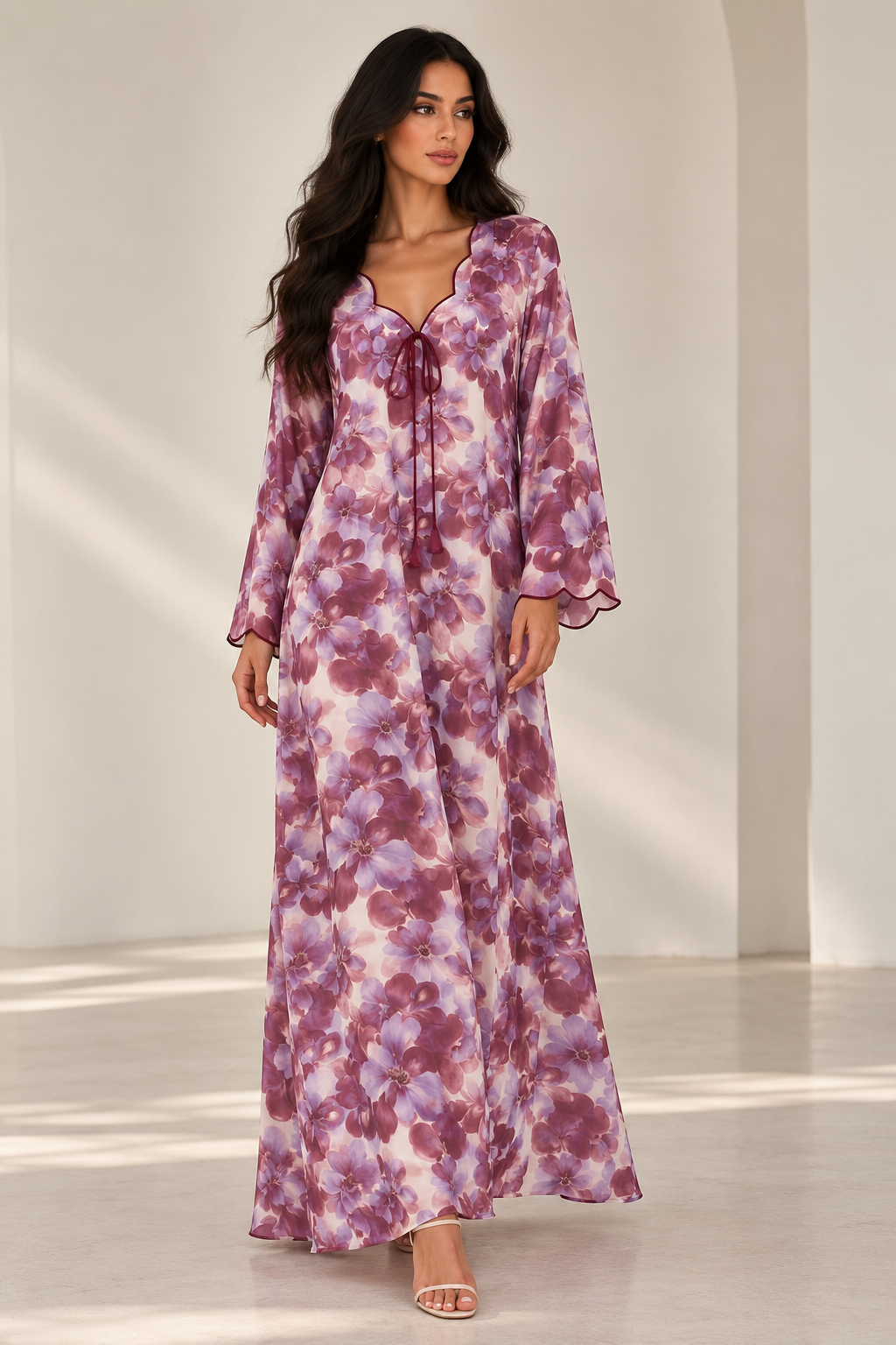 Everyday Edit — Mauve Floral cotton jalabeya with wavy sleeves and piping.