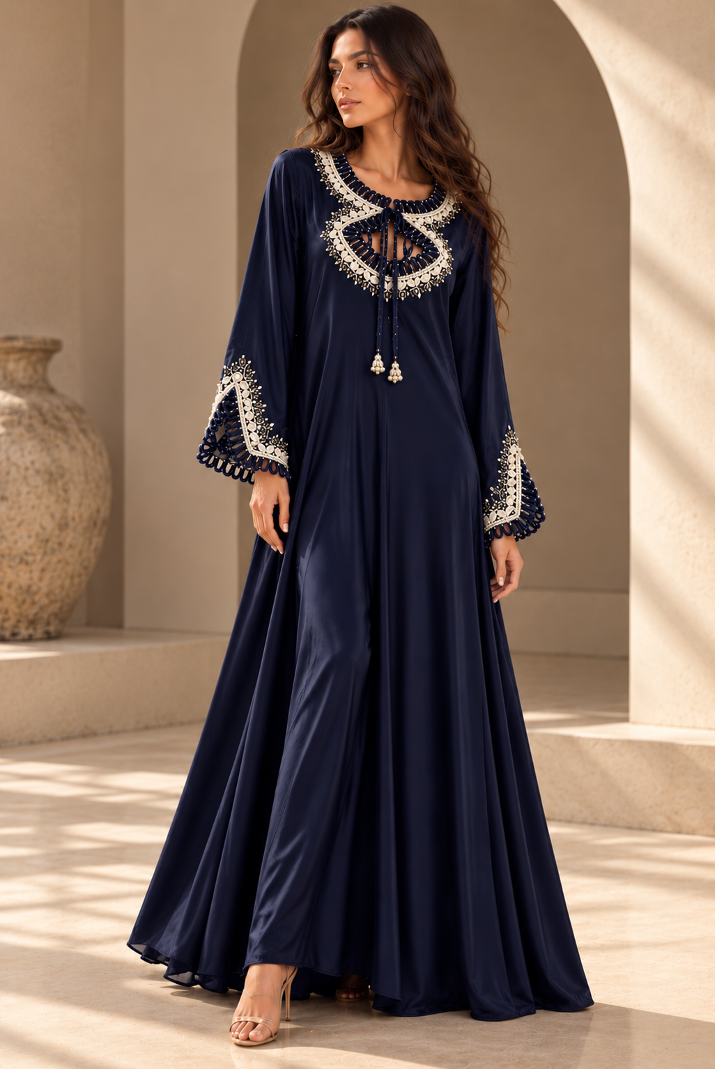 Navy silk Mkhawar jalabeya with hand-beaded neckline and cuffs, long flared sleeves and a full-length silhouette.