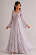 NC#CT1 — Lilac embellished gown with sheer sleeves.