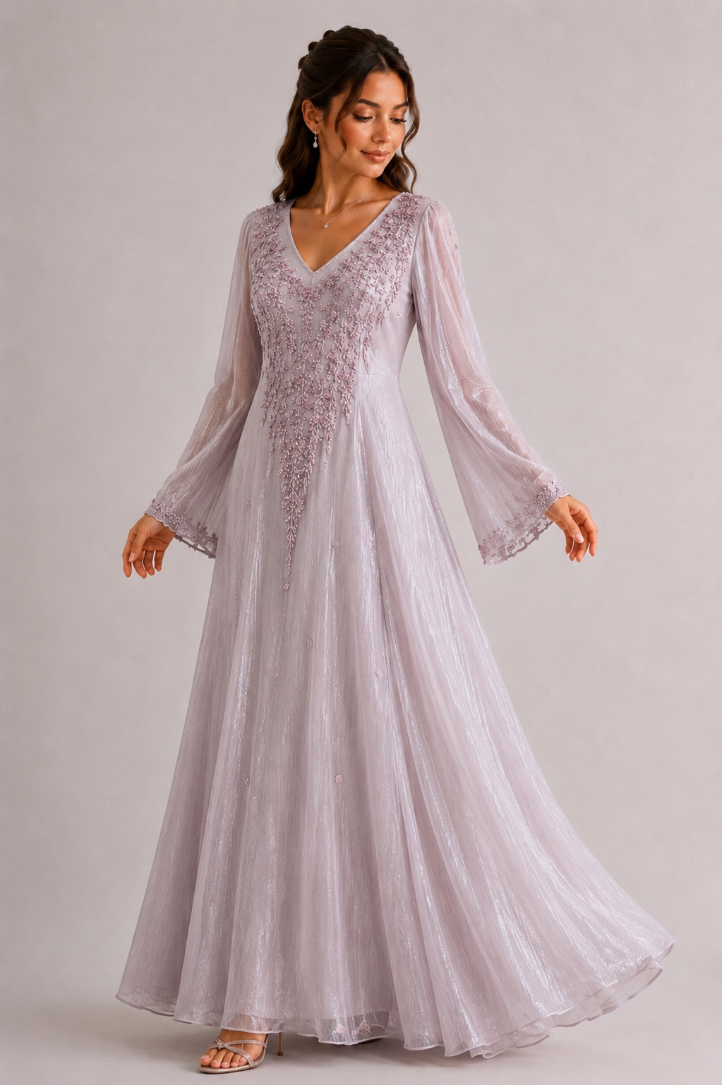 NC#CT1 — Lilac embellished gown with sheer sleeves.