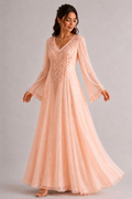NC#CT1 — Peach embellished gown with flared sleeves.