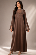 NC#CT3 — Brown dress with draped decorative neckline and split cuffs.