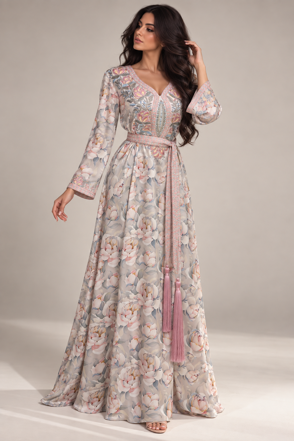NC#EMB1 — Pale floral full-length dress with decorative bodice and pink waist tie.