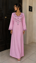 NC-#EMB9 — Lilac full-length dress with floral V-neck detail and matching cuffs.