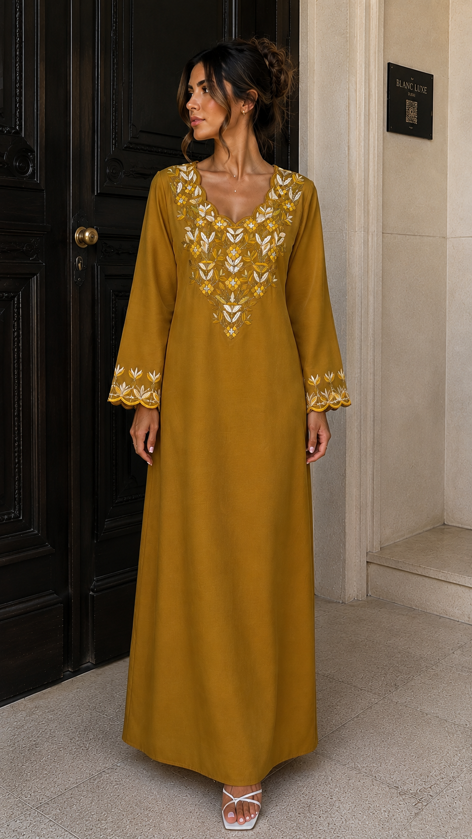 NC-#EMB9 — Mustard full-length dress with floral V-neck detail and matching cuffs.