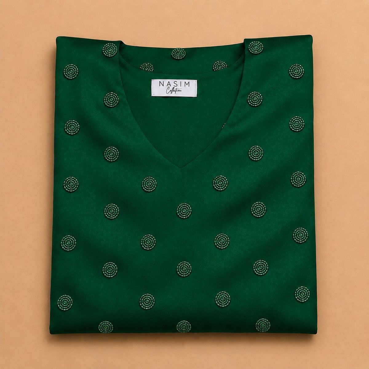NC#MK13 — Folded green Mkhawar with circular motifs.