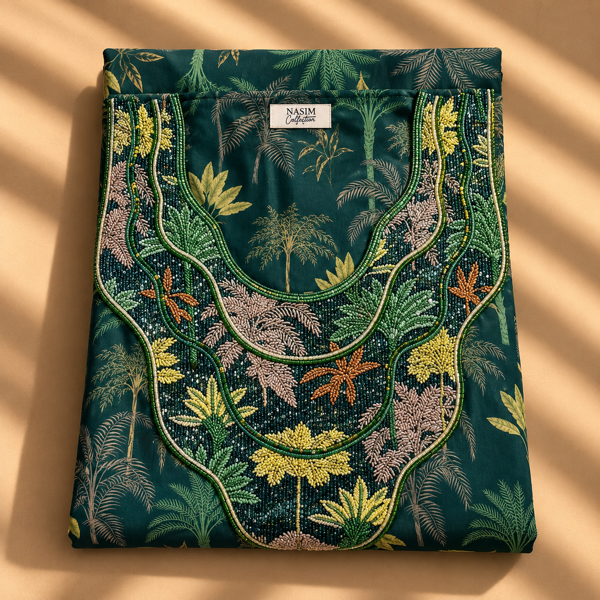 NC#MK17 — Folded green floral-print cotton mkhawar with decorative neckline.