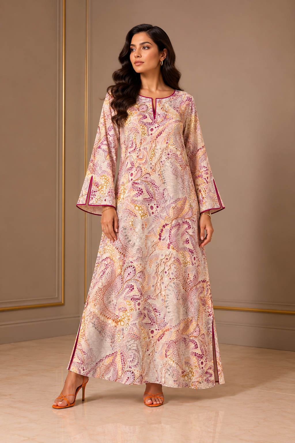 Ocean whisper — Pink and cream shell-pattern dress with contrasting cuffs.