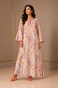 Ocean whisper — Pink and cream shell-pattern dress with contrasting cuffs.