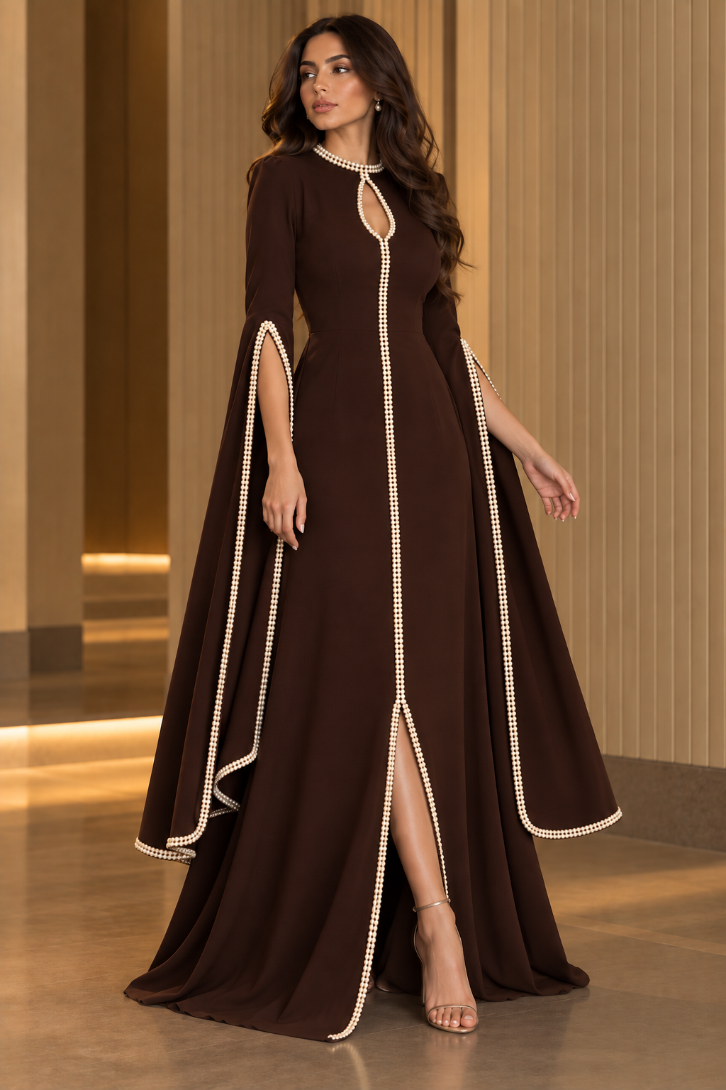 Pearl Cascade Brown — pearl-trimmed occasion dress.