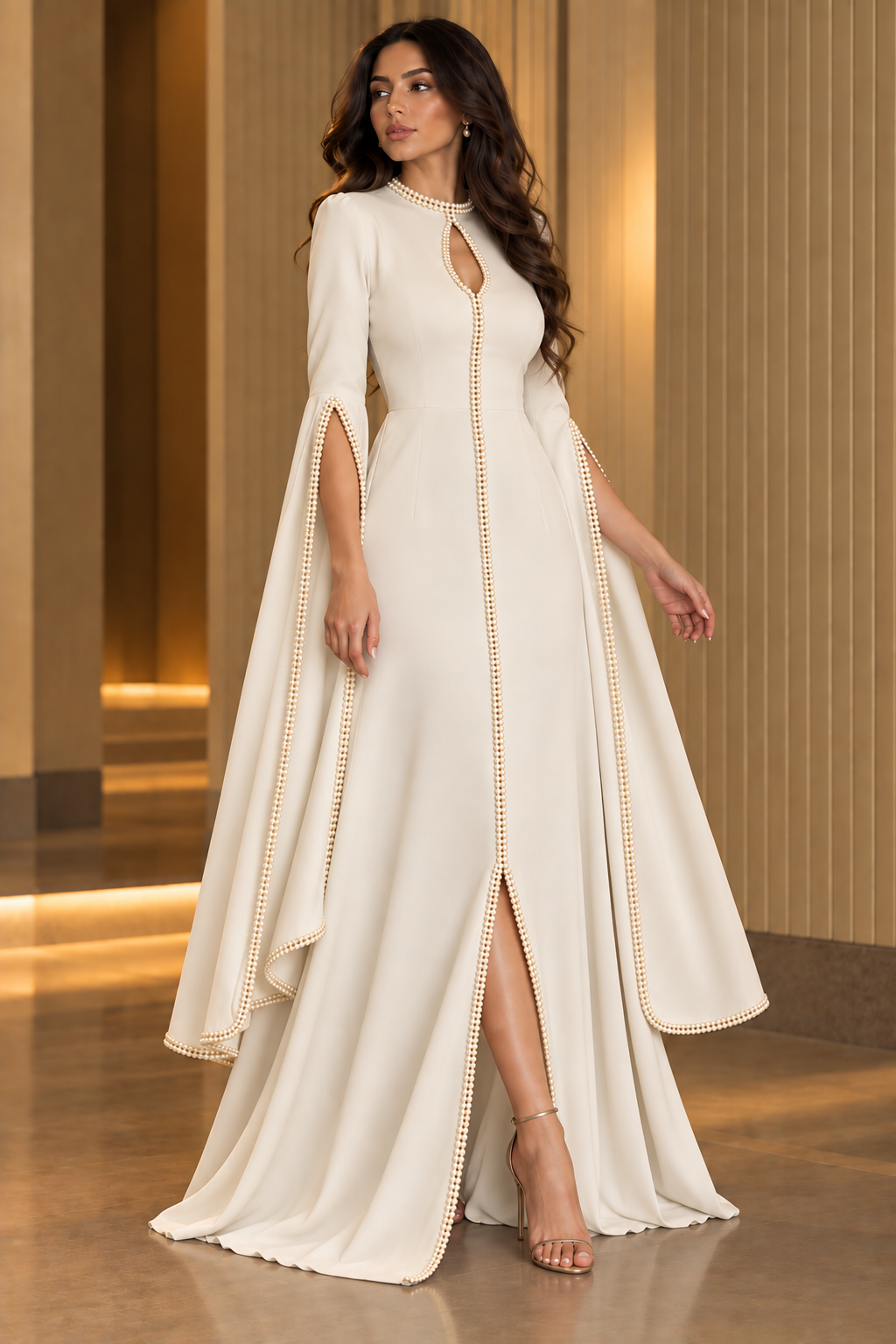 Pearl Cascade Ivory — pearl-trimmed occasion dress.