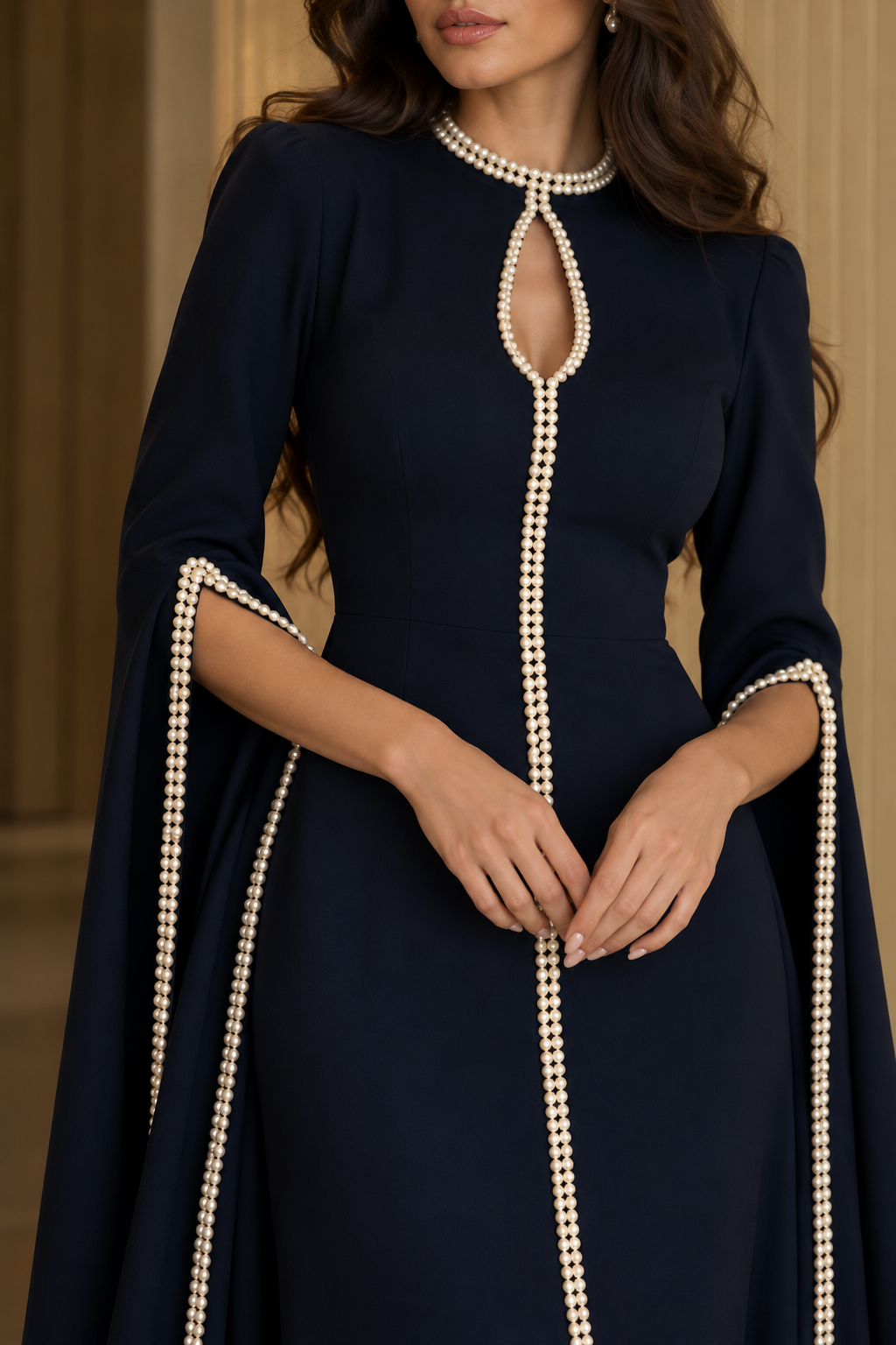 Pearl Cascade Navy — pearl-trimmed occasion dress.