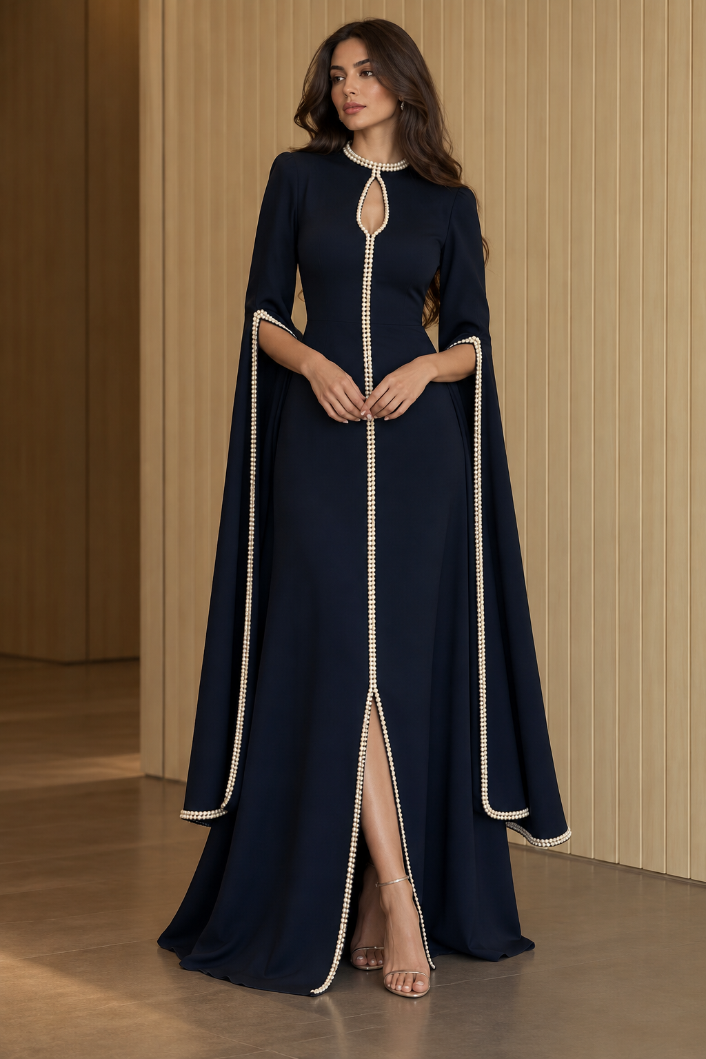 Pearl Cascade Navy — pearl-trimmed occasion dress.