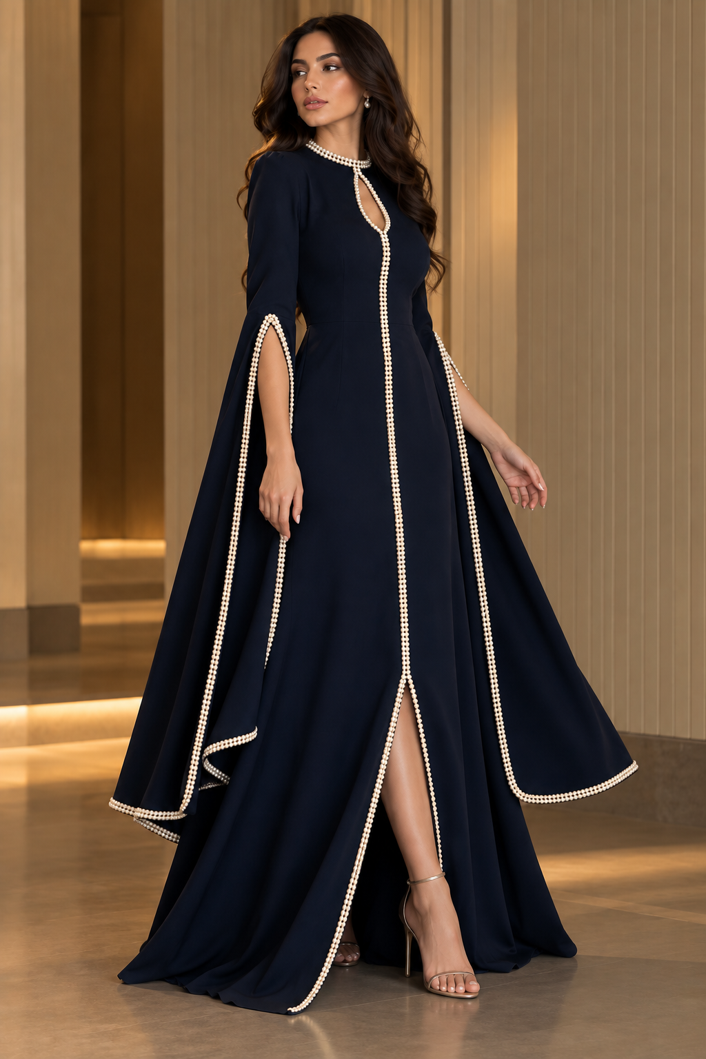 Pearl Cascade Navy — pearl-trimmed occasion dress.