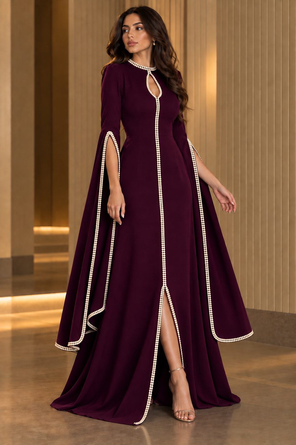 Pearl Cascade Plum — pearl-trimmed occasion dress.