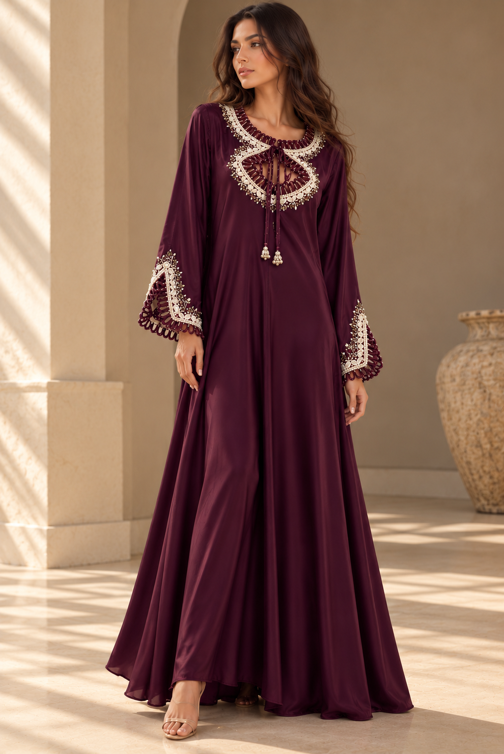 Plum silk Mkhawar jalabeya with hand-beaded neckline and cuffs, long flared sleeves and a full-length silhouette.