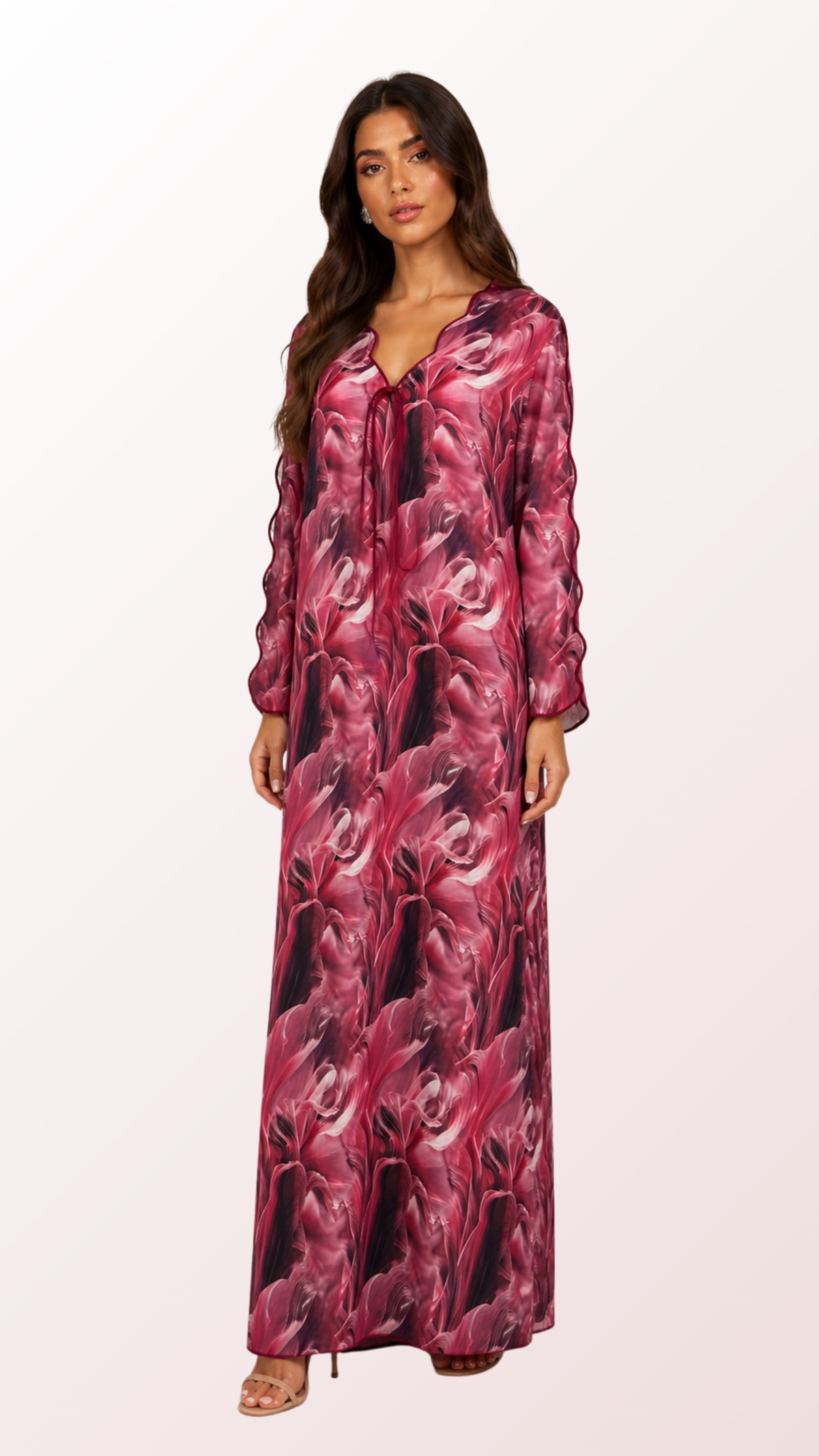 Red Petals — Burgundy floral dress, angled front view.