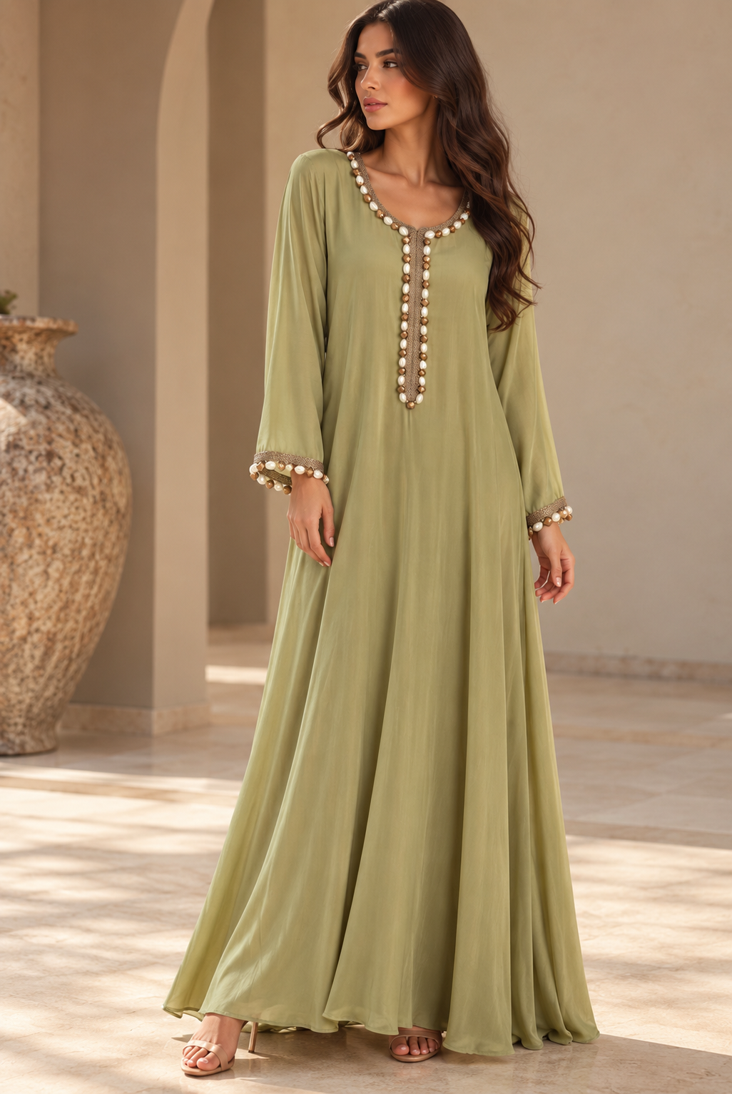Sage-green full-length soft linen dress with long sleeves and contrasting decorative trim at the neckline, front and cuffs.