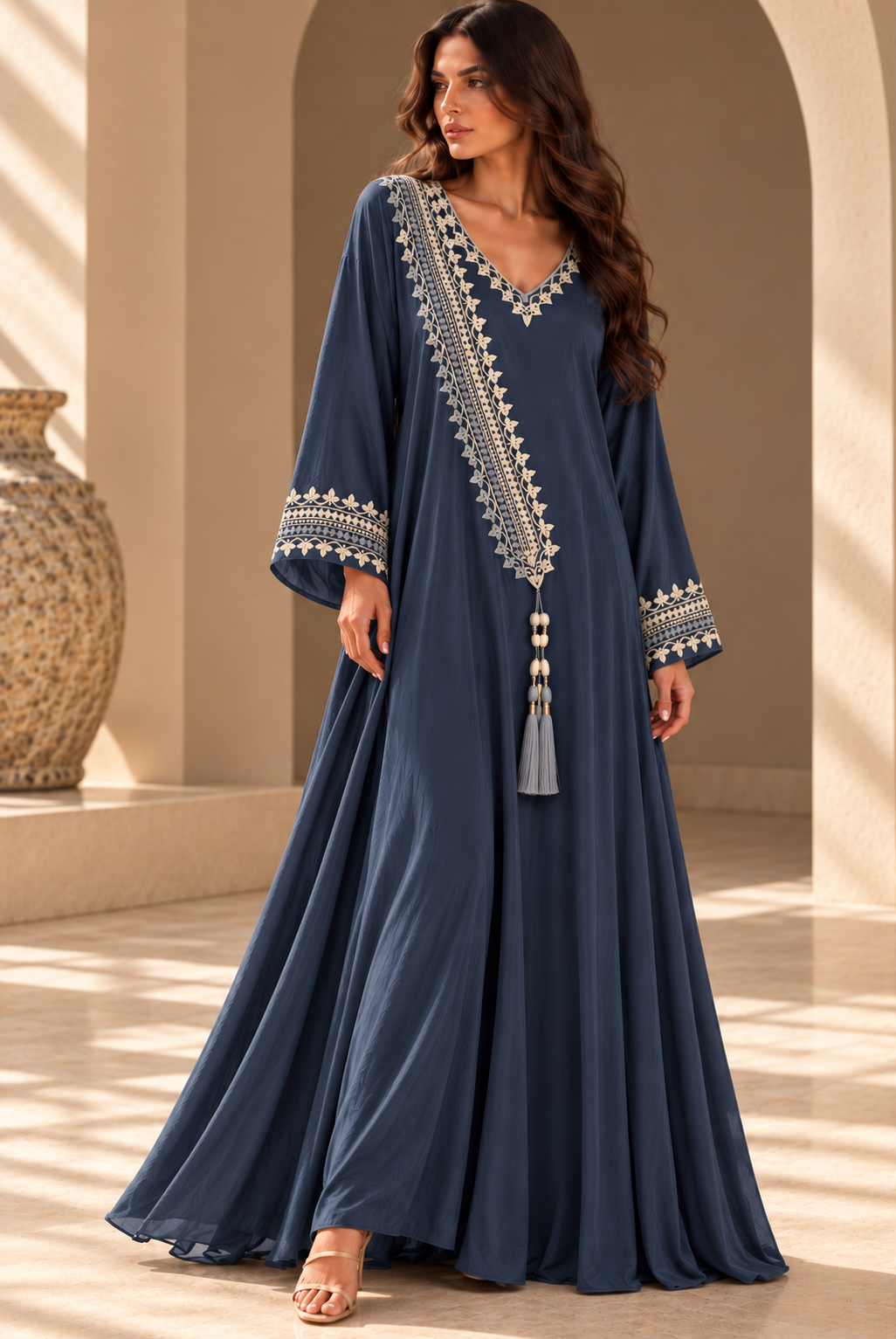 Slate Blue full-length cotton dress with cream hand embroidery, a V-neck, diagonal embroidered panel, long sleeves and tassel.