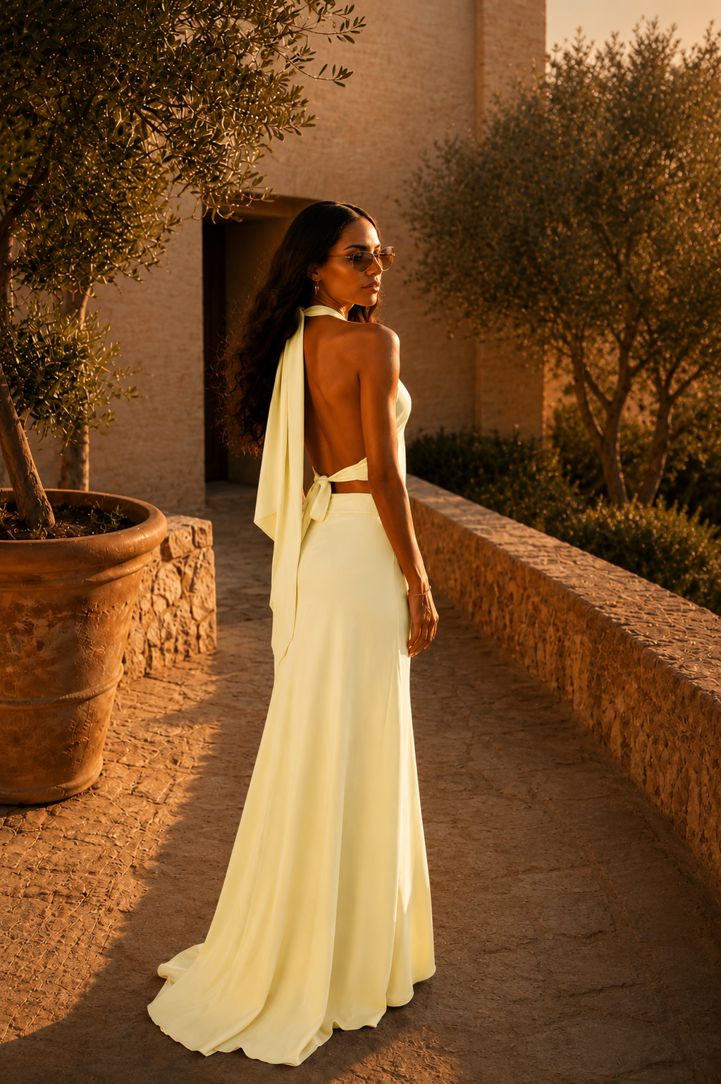 Woman in a yellow dress standing in a sunlit outdoor setting with trees and a building.