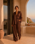 Sundown — Brown collared shirt and wide-leg trouser set.