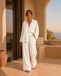 Sundown — Pearl White silk shirt and trouser set.