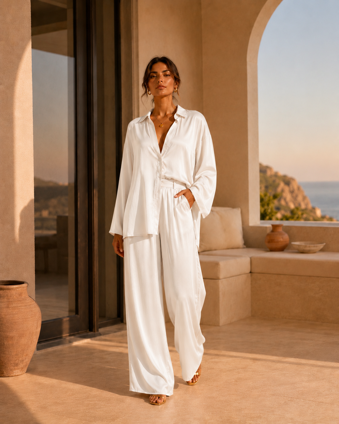 Sundown — Pearl White silk shirt and trouser set.
