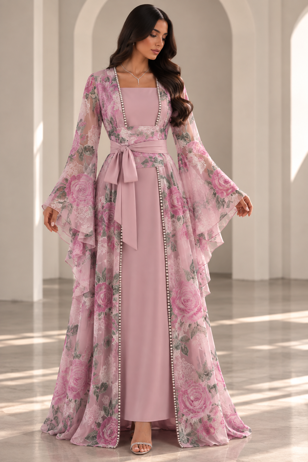The Everlasting Edit — Pink dress with floral outer layer and waist bow.