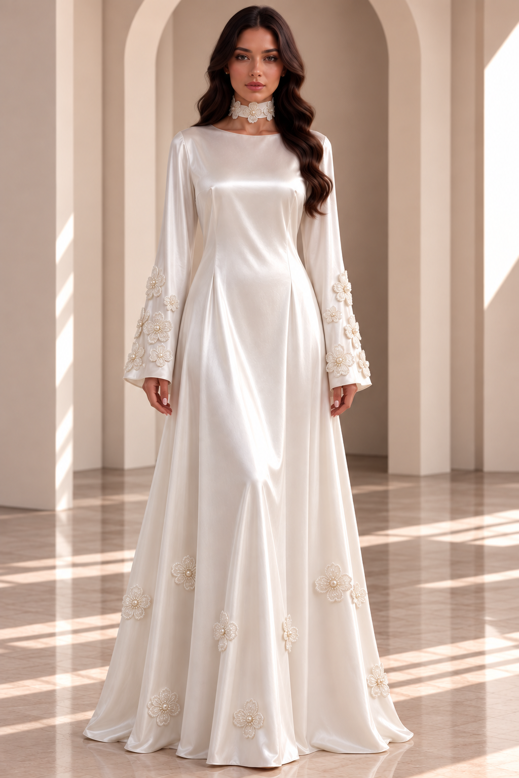 The Pearl Garden Edit — Ivory gown with floral cuffs, full-length front view.